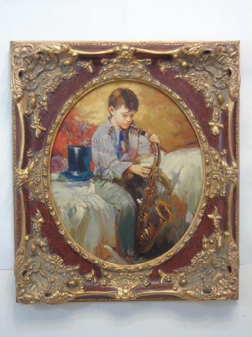 Boy Playing Saxophone Oil on Canvas Finely Framed: Boy Playing Saxophone Oil on Canvas Finely Framed. Measures 33 x 29 inches.