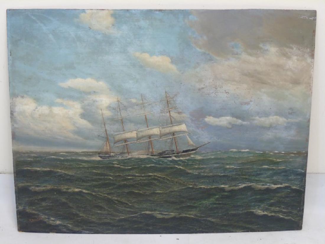 Oil Painting on Board of 4 Masted Schooner at Sea (1 of 3)