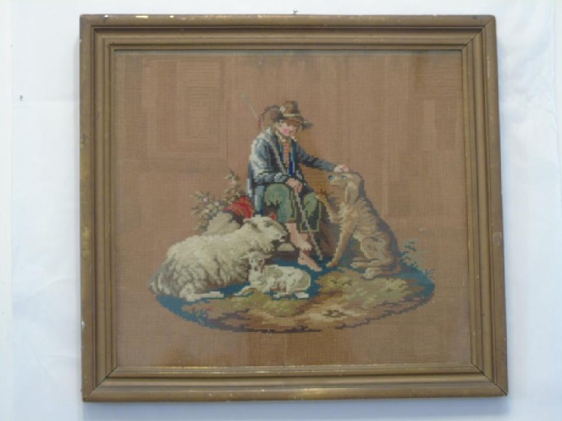 Antique Framed Needlepoint of Shepherd with Dog (1 of 2)