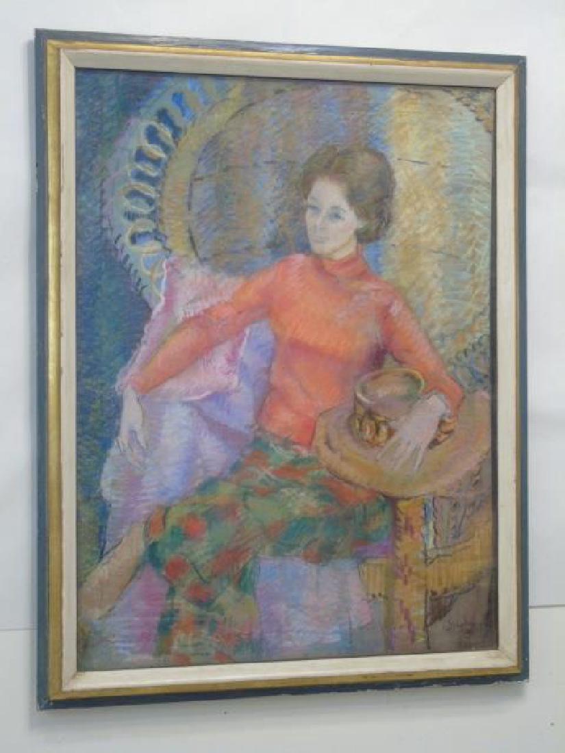Pastel Portrait of Woman in Red by A. Wilhelm '75: Classic Pastel Portrait of a Seated Woman in Red Sweater and Tartan Skirt, signed by A. Wilhelm and dated '75. Measures 36 x 28 inches.