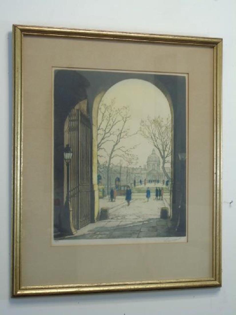 J P Guinegault Vintage Tinted Etching of Paris St. (1 of 5)