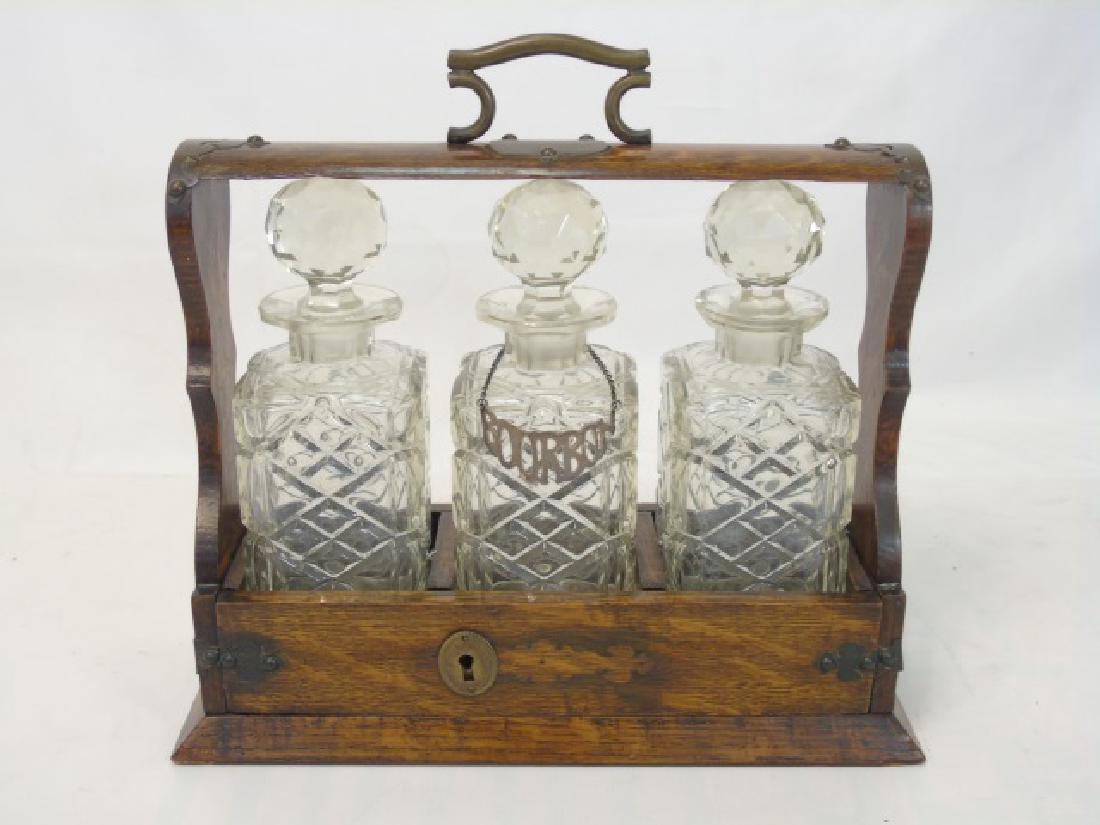 Antique English Oak Tantalus w 3 Crystal Decanters (1 of 3)