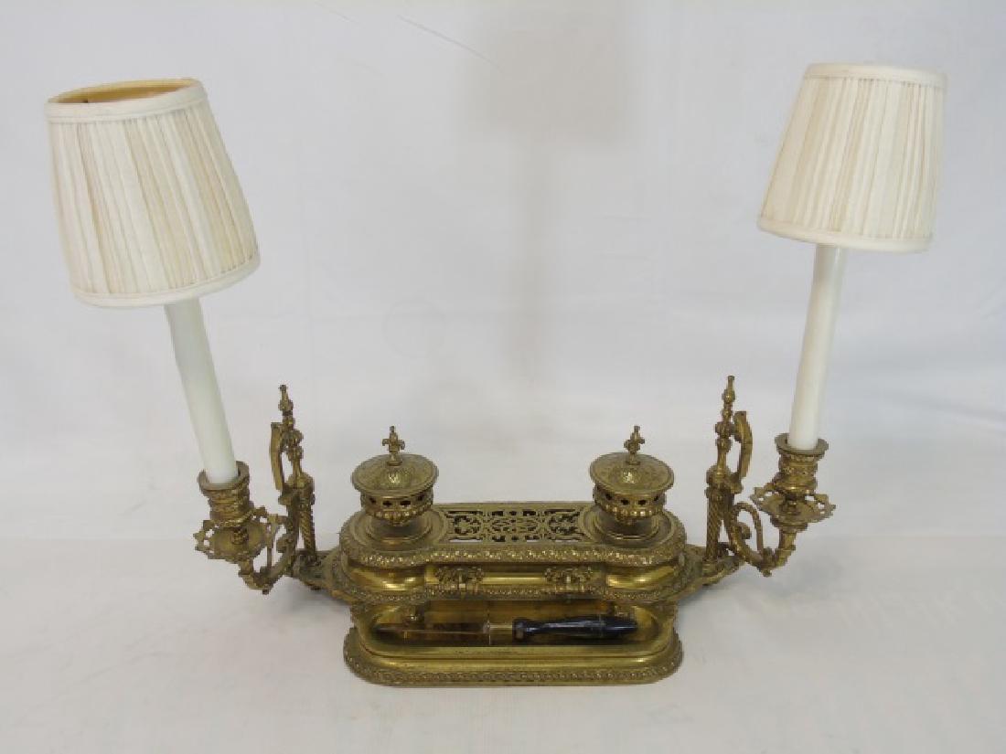 Antique Victorian Ormolu Double Inkwell w/ Lamp (1 of 3)