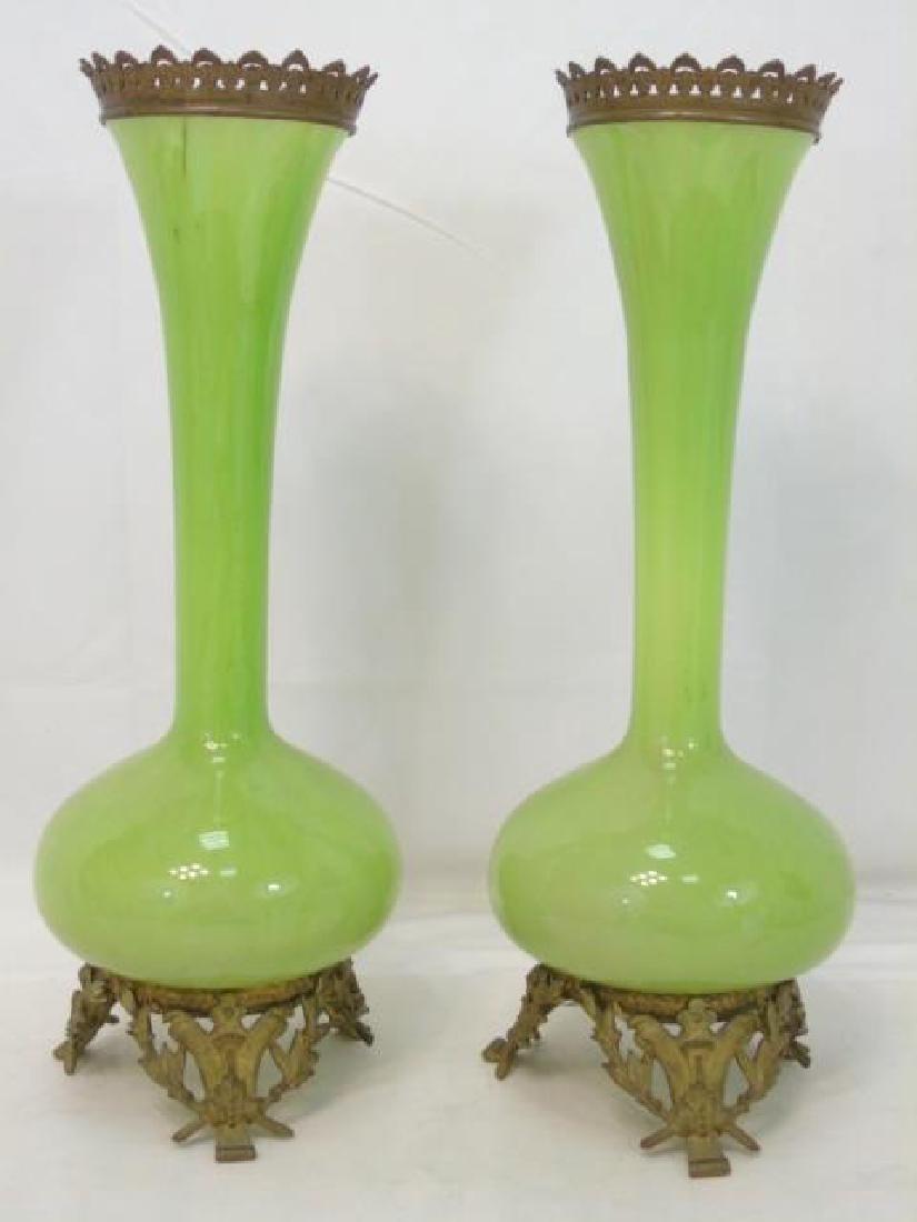 Pair Antique Green Glass Ormolu Bronze Mount Vases (1 of 3)