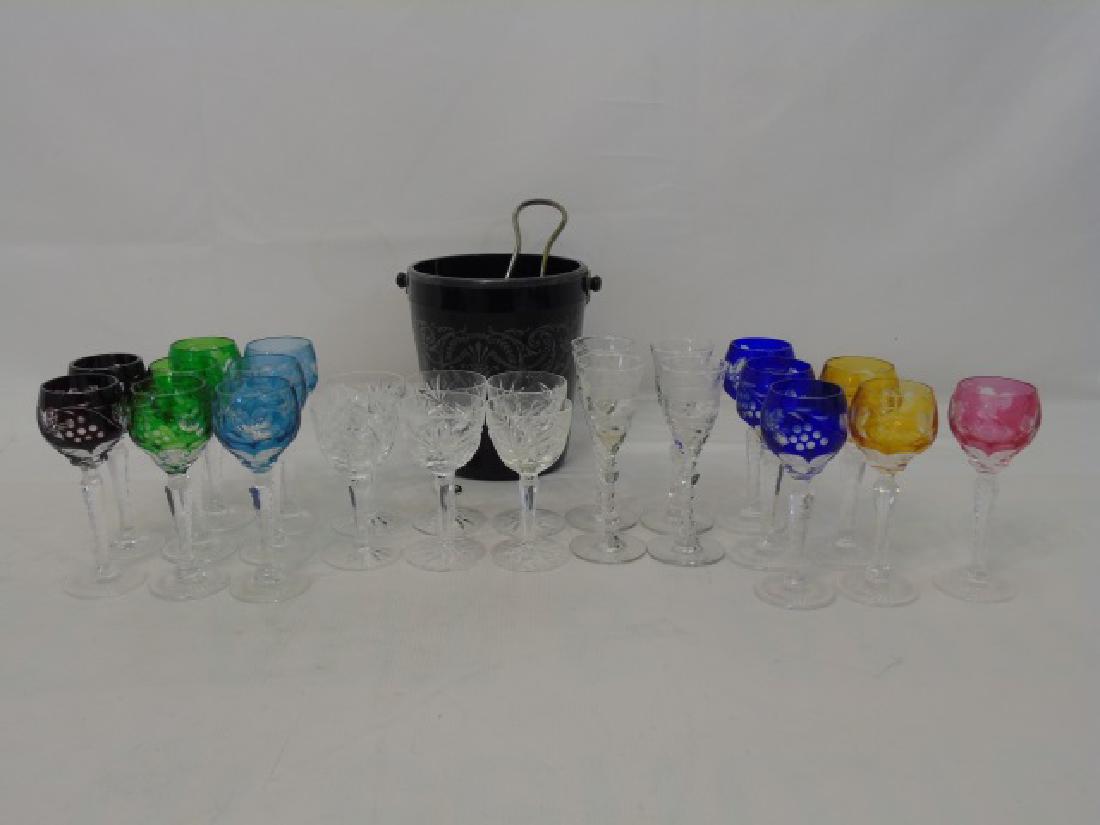 24 Bohemian & Etched Glass Cordials & Ice Bucket (1 of 4)