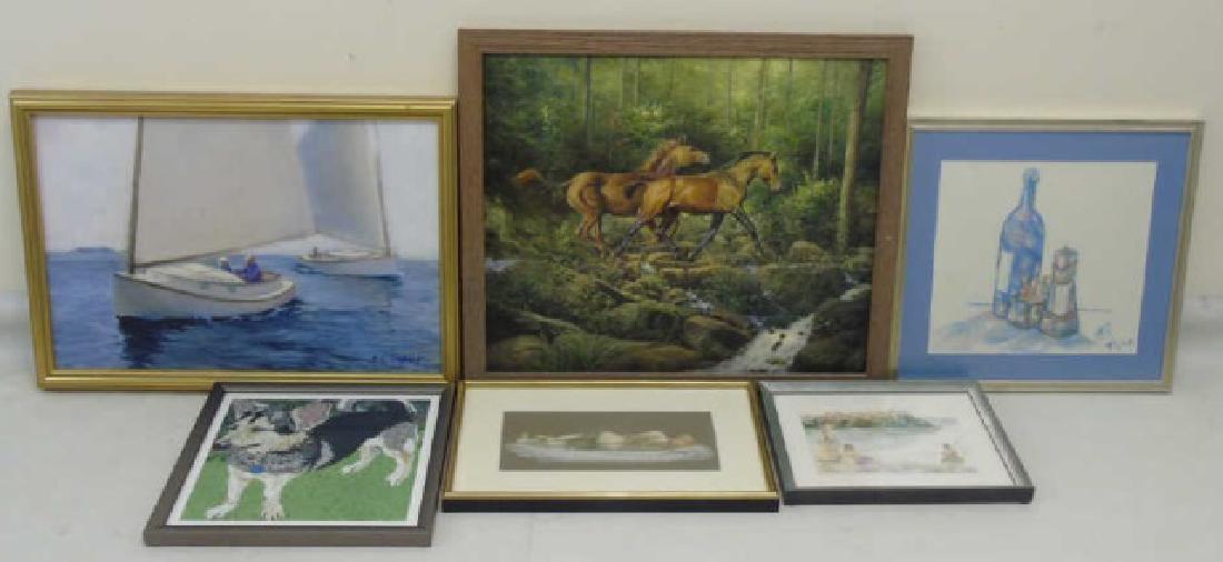 6 Art Pieces-Painted, Charcoal Sketch & Watercolor: 6 Art Pieces that include Paintings, Charcoal Sketches & Watercolors; 4 are signed. Subjects include sailboat, wildlife and nude. Largest measures 22 x 26 inches.