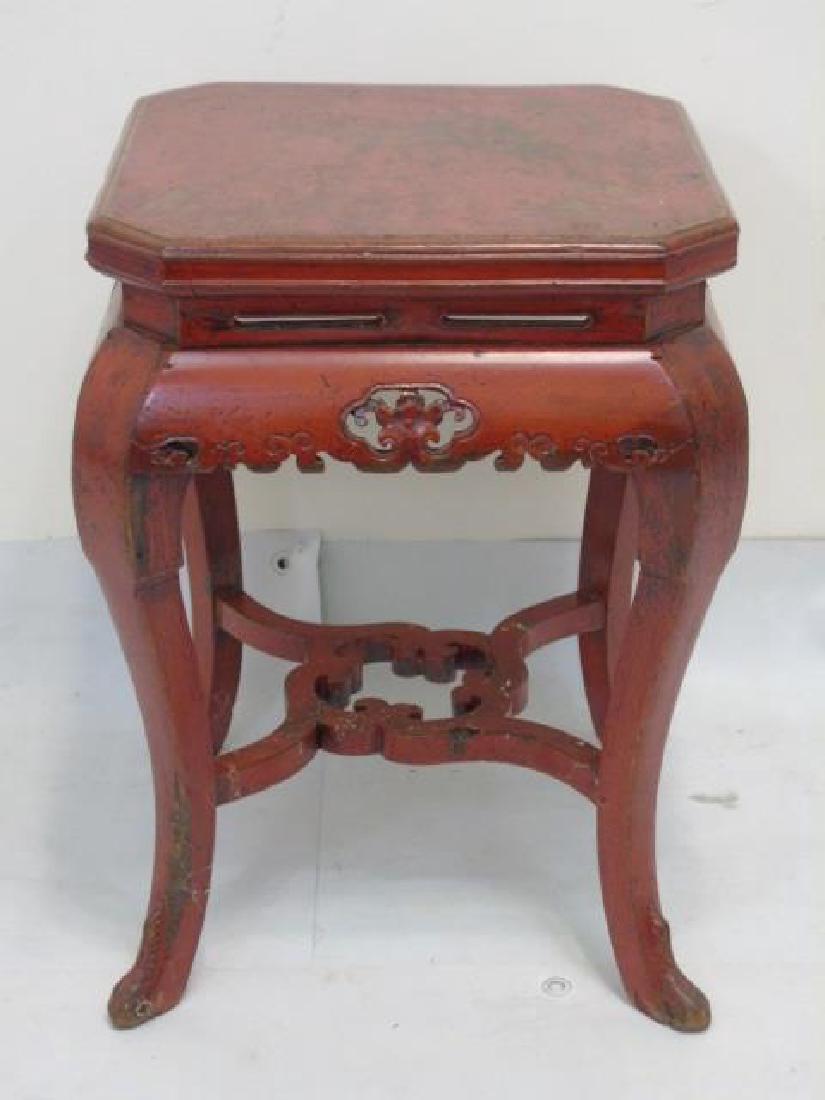 Pair Vintage Red Lacquer Garden Tables Well Carved (1 of 2)