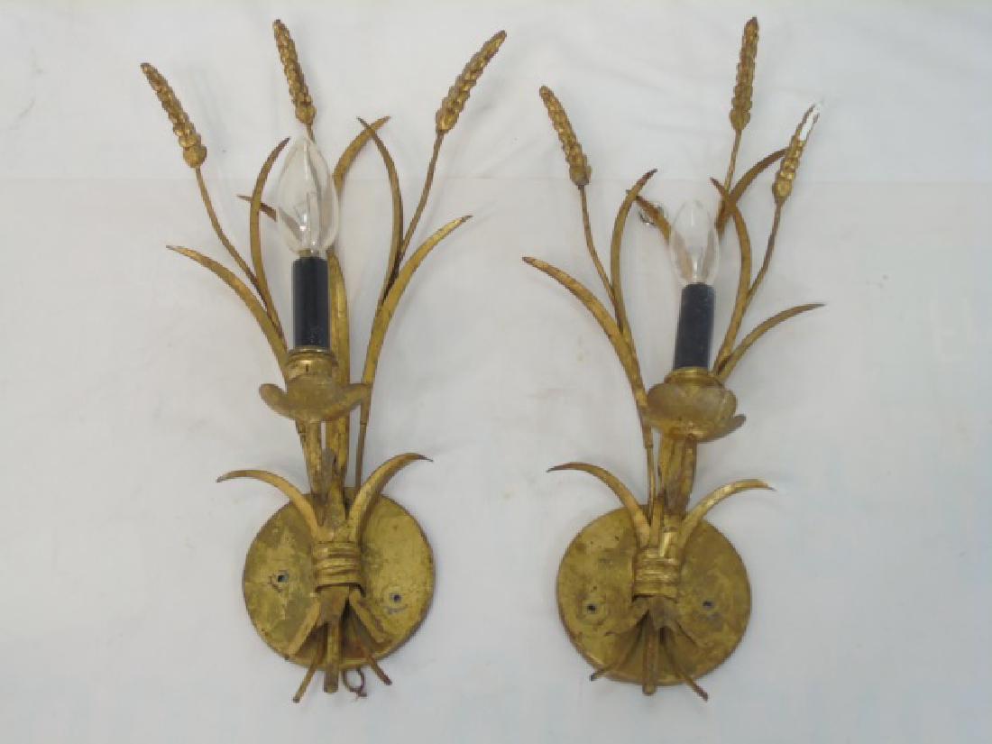 Pair Vintage 1 Arm Gilt Sconces w Wheat & Grass (1 of 4)