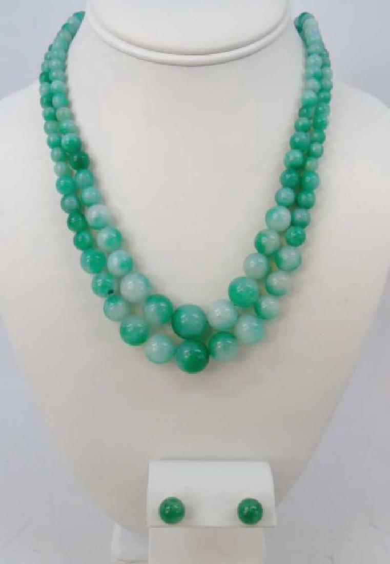 Pair Green / White Jade Necklaces & Stud Earrings (1 of 4)