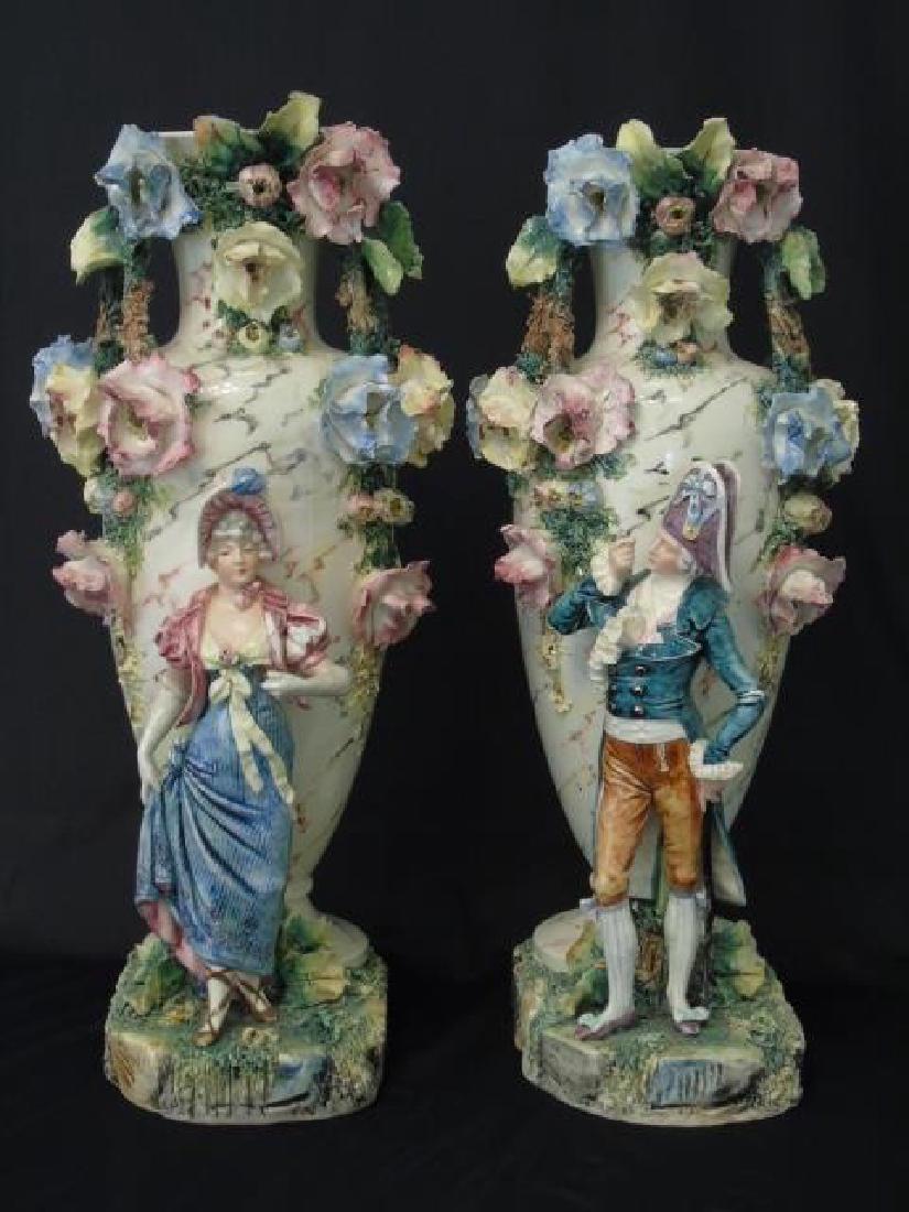 Pair Majolica Pottery Handmade Floral Design Vases (1 of 5)