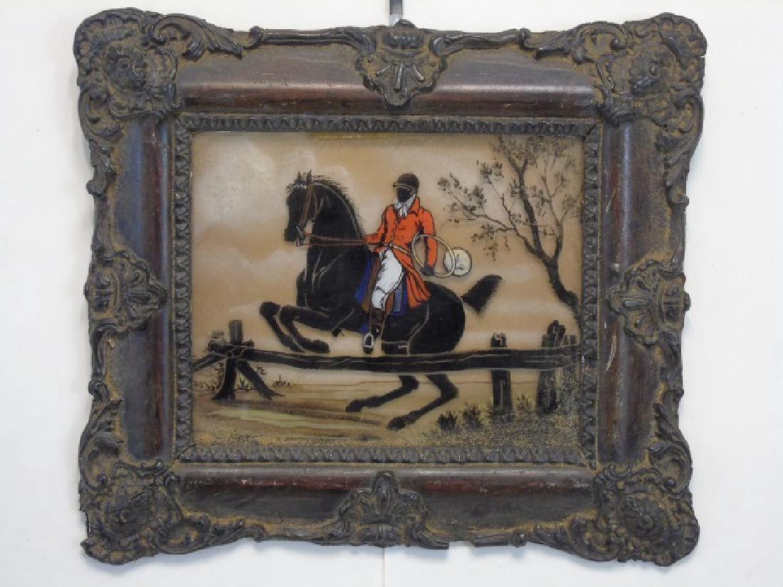 Antique Reverse Painted Glass, Horse & Rider (1 of 2)