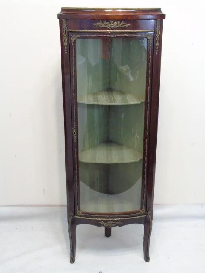 Antique French Provencal Burl Wood Curio Cabinet: Antique French Provencal Burl Wood Curio Cabinet. Having gilt bronze mounts, silk damask interior and burl wood. Measures 55 inches in height.