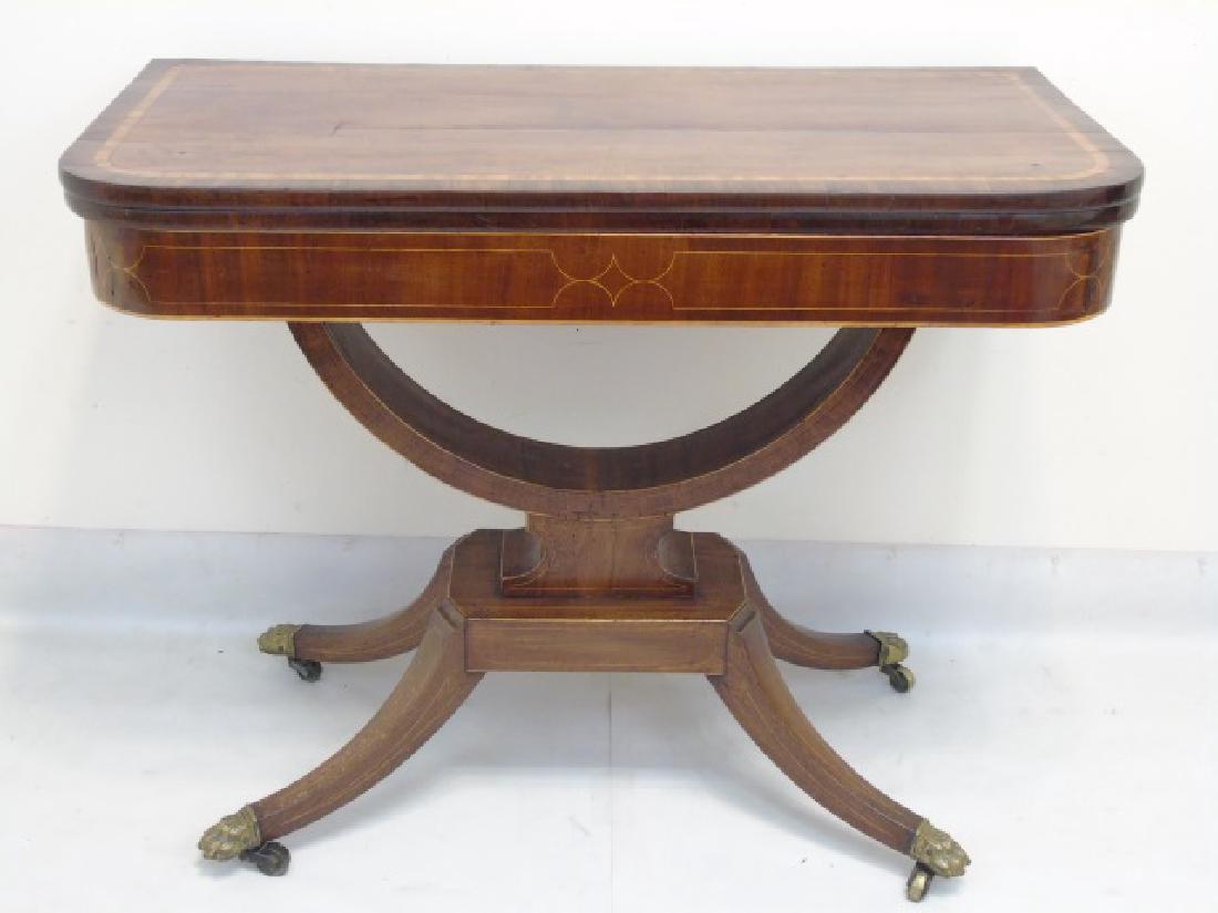 19th C Burl Wood Pedestal Card Table (One of Pair): 19th C. Duncan Phyfe-style Burl Wood Pedestal Card Table (One of Pair); having a double-banded top, hinged opening to the felt-top, and bronze-tone claw feet. Measures 28 x 36 x 18 - which opens to a