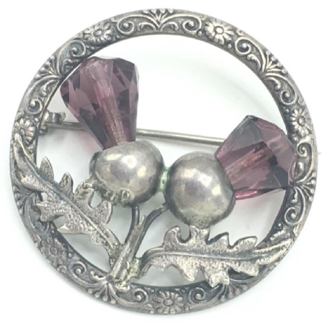 Scottish Thistle Pin W/ Amethyst Glass Sterling (1 of 4)