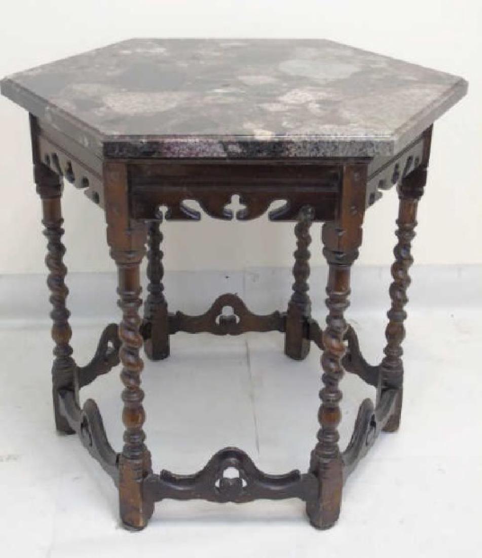 Hexagonal Marble Topped Carved Wood Table (1 of 3)