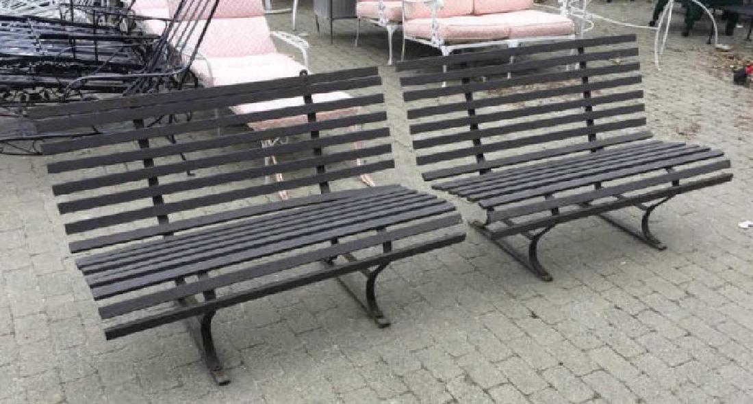 Pair Iron & Wood Plank Curved Back Garden Benches: Pair Iron & Wood Plank Curved Back Garden / Patio Benches. Each measures 30 x 48 x 20 inches.