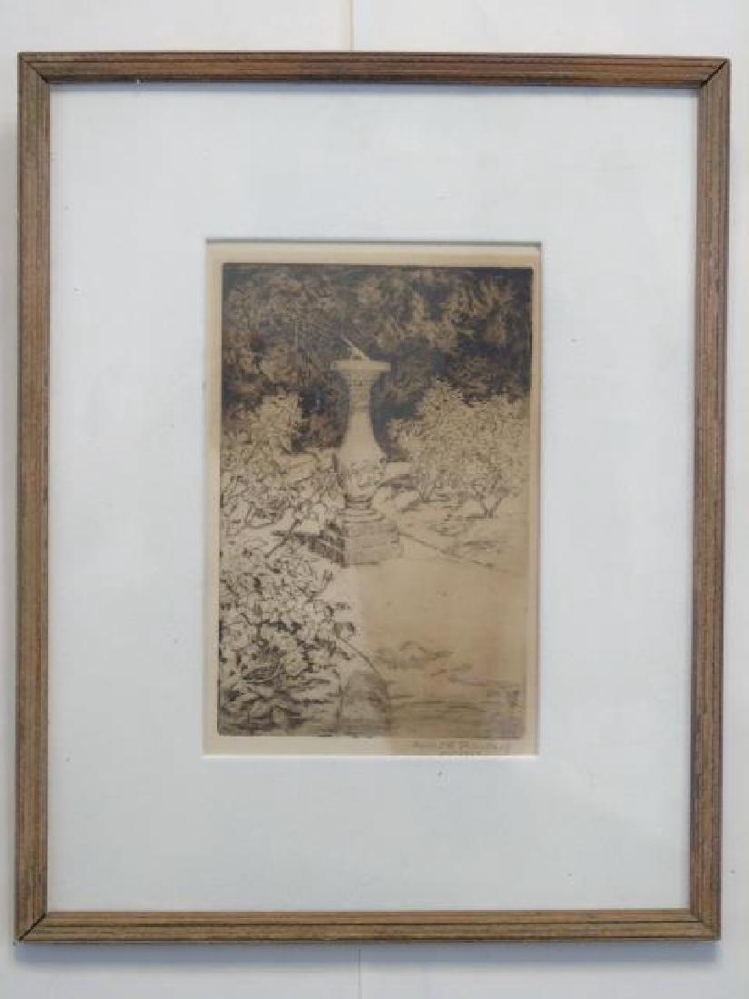 Agnes B. Fernbach Signed 1923 Engraving: Agnes B. Fernbach pencil-Signed 1923 Engraving, with her initials in the plate, sundial in a garden setting. Measures 15 x 12 inches.