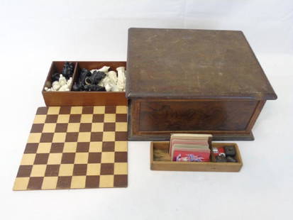 Antique Wood Box with FoldAway Board & Game Pieces: Antique Wood Box with FoldAway Board & Game Pieces. Measures 7 x 13 x 12 inches.