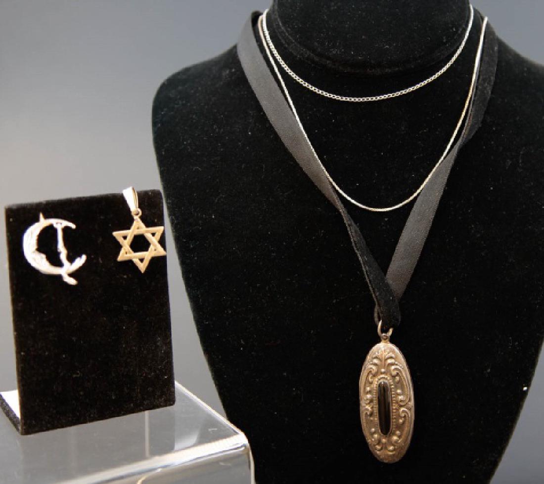 Sterling Collection Incl Locket & Star of David: Sterling Collection (5 pieces) including Oval Locket with black stone on black ribbon, Moon Crescent Pendant, 2 silver chains, & Star of David pendant. Pendant measures 2 x 1 inch.