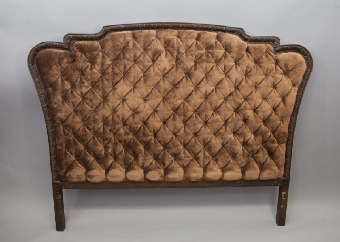 Carved Wood Frame Brown Tufted Velvet Headboard: Carved Wood Frame Brown Tufted Velvet Headboard. Measures 55 x 72 inches, with 62" box spring support ledge.