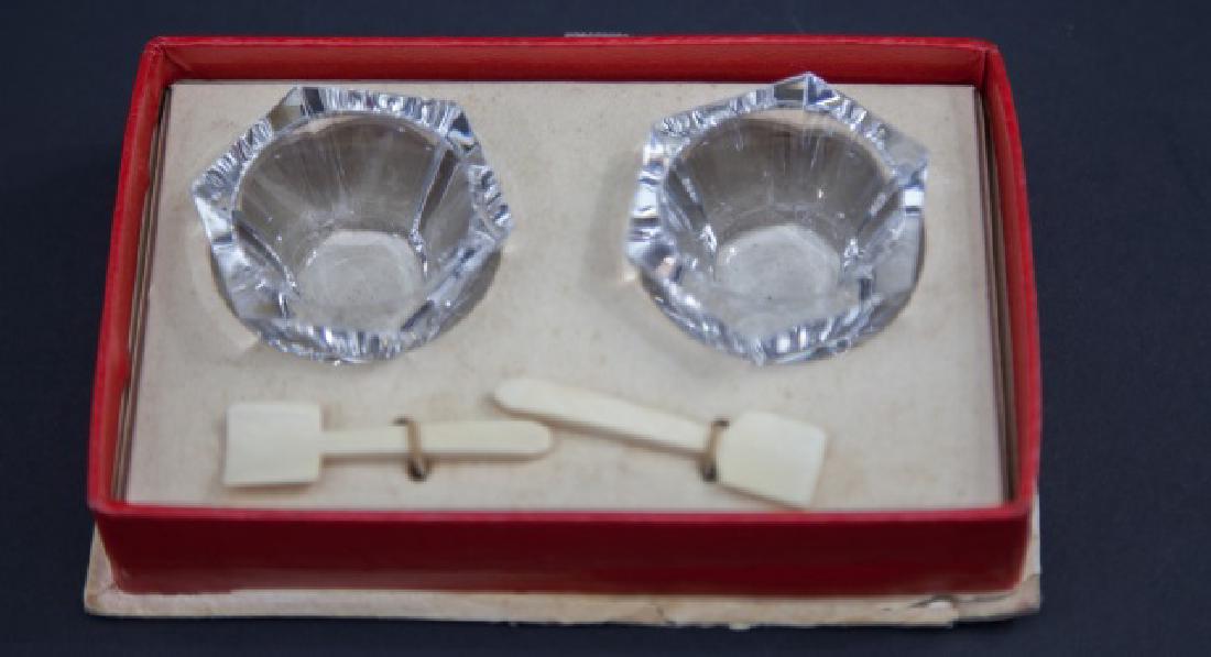 Baccarat French Art Glass Salt Cellars in Orig.Box: Baccarat French Art Glass Salt Cellars w Orig Box & Carved Bone Spoons. Each marked and measures 2.25 inches in diameter.