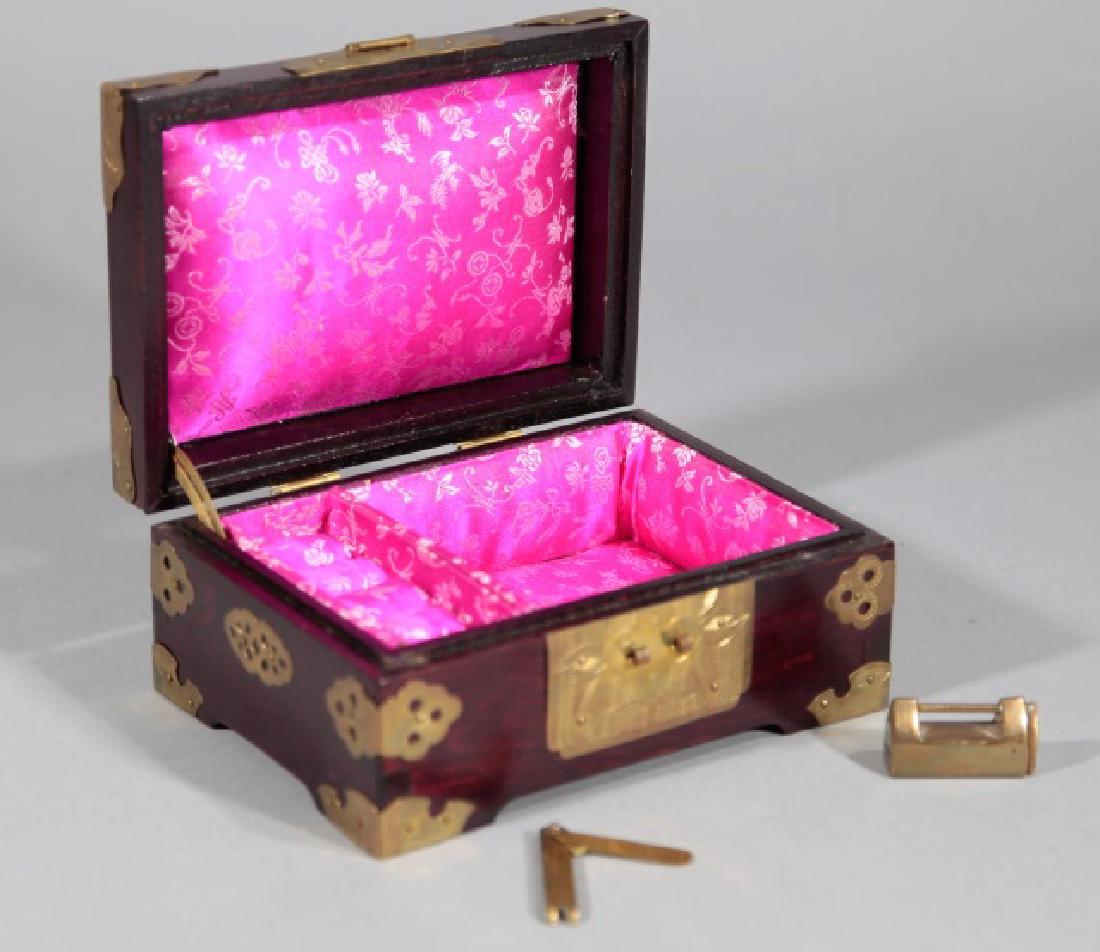 Chinese Hardwood & Enamel Medallion Jewelry Box: Chinese Hardwood & Enamel Medallion Jewelry Box. Engraved brass detail plaques and log. Silk interior. Measures 5 x 7 inches.