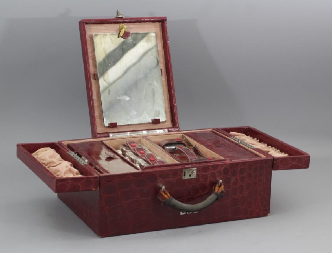 Vintage Mark Cross Art Deco Style Travel Trunk: Vintage Mark Cross Art Deco Style Travel Trunk for Jewelry & Toiletries. Fitted interior spaces include additional accessories. Measures 6.5 x 16.5 x 11 inches.