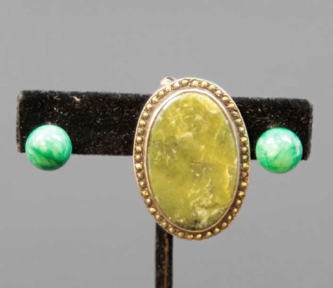Estate Art Deco Sterling, Jade & Marcasite Jewelry: Estate Art Deco Sterling, Jade & Marcasite Brooch w Jade Stud Earrings. Earrings test as Nephrite on the Presidium. Brooch is jade or hardstone, hallmarked and measures 1.25 inches wide,