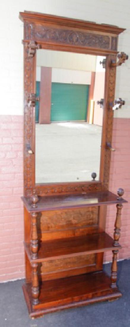 Large Antique Hand Carved Wood Hall Stand w Mirror (1 of 5)