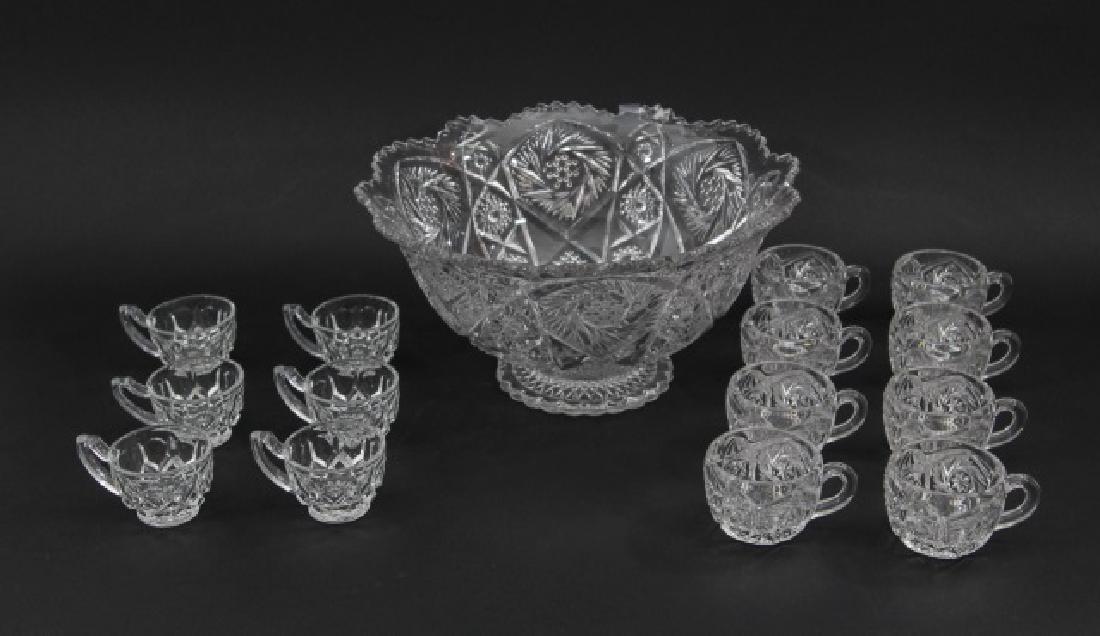 Large Cut Glass Punch Bowl with 14 Glasses (1 of 9)