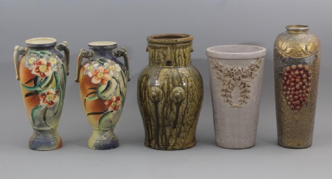 Assortment of 5 Tall Pottery pieces Incl Pair Urns (1 of 7)