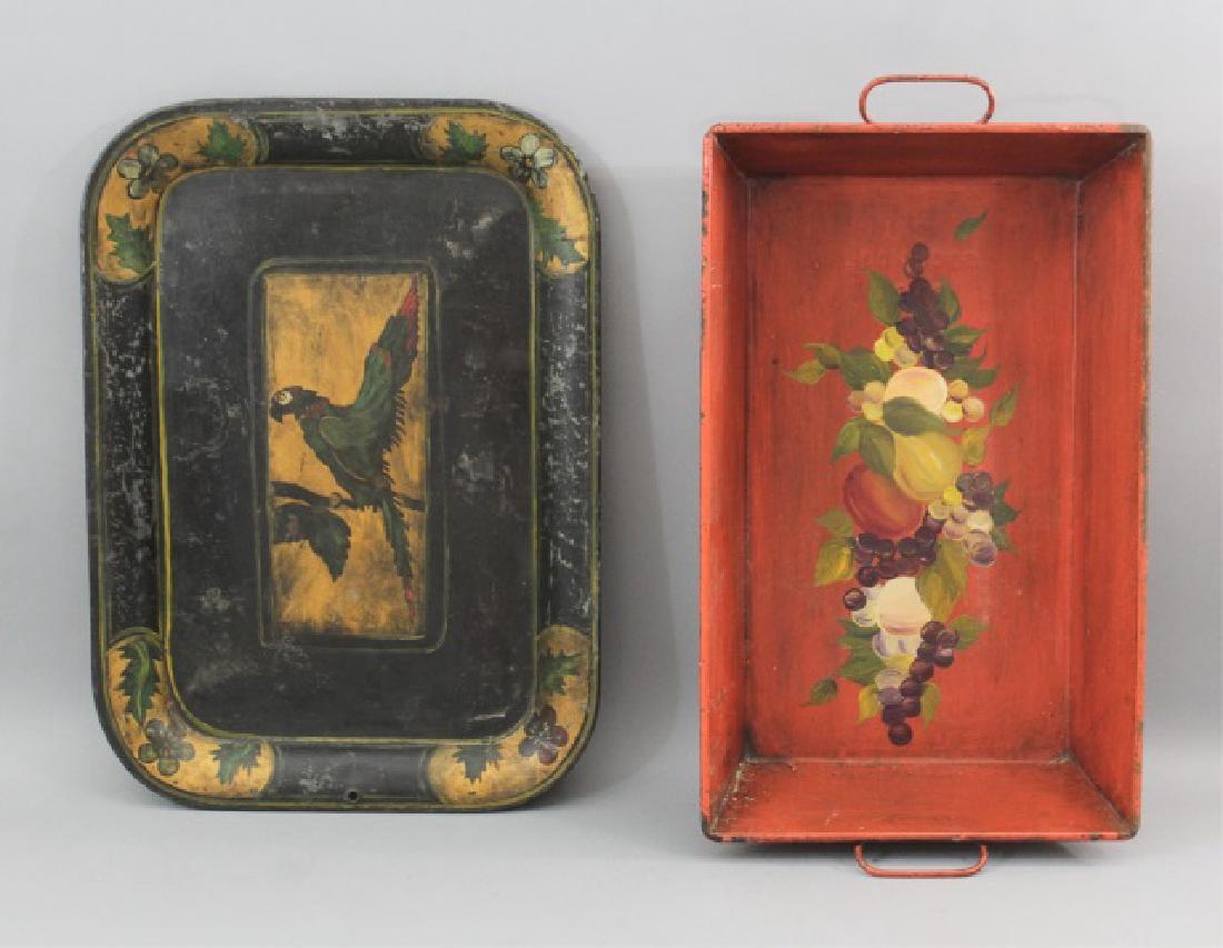 2 Antique Tole Items Red Tray & Black Parrot Tray (1 of 8)