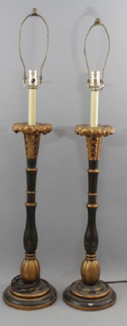 Pair Carved Wood Corinthian Column Designer Lamps: Pair Carved Wood Corinthian Column Designer Lamps. Carved and painted wood. Contemporary manufacture. Each measures approximately 40 inches in height with harps.
