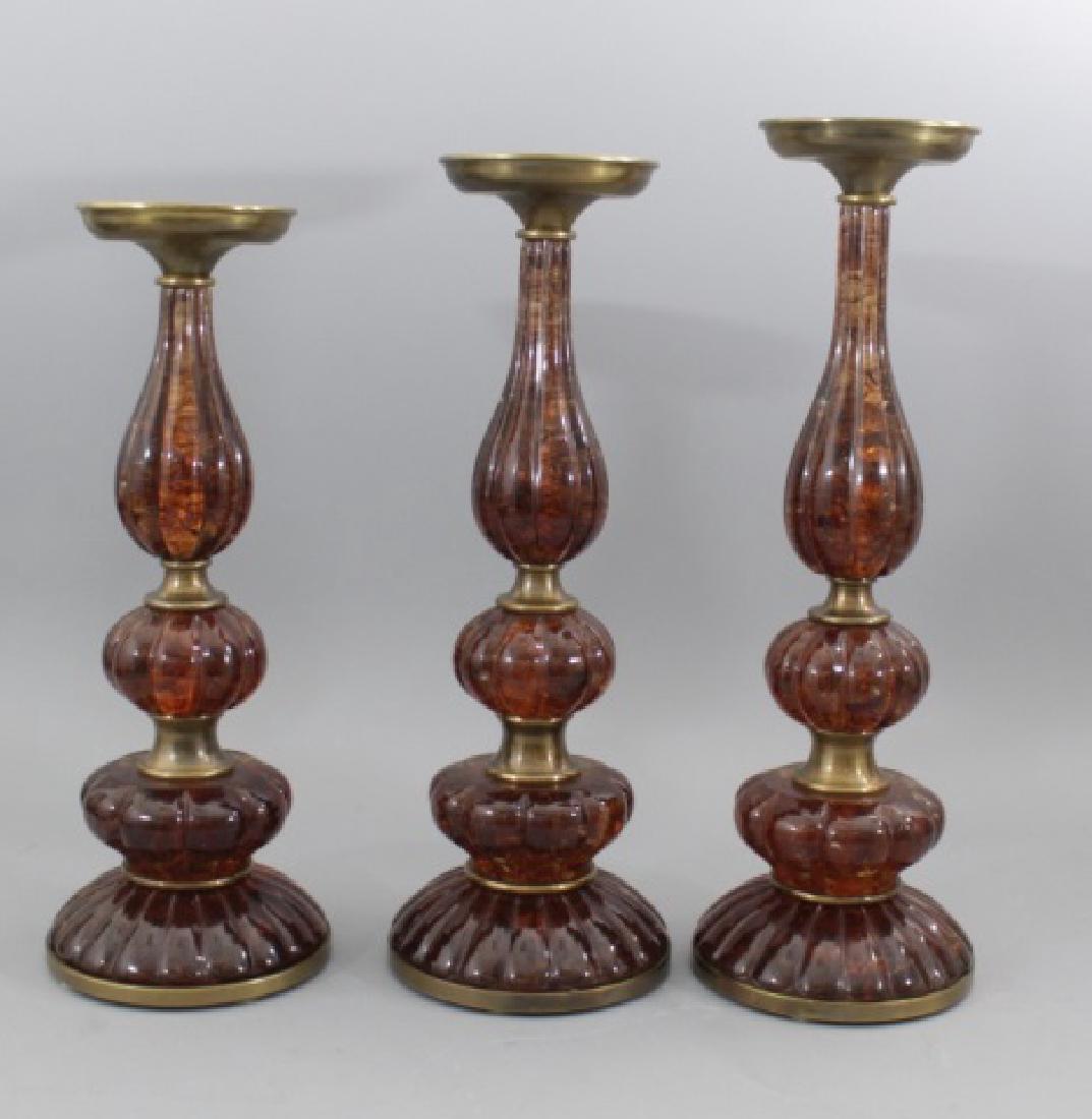 Three Pressed Amber Balustrade Form Candlesticks (1 of 8)