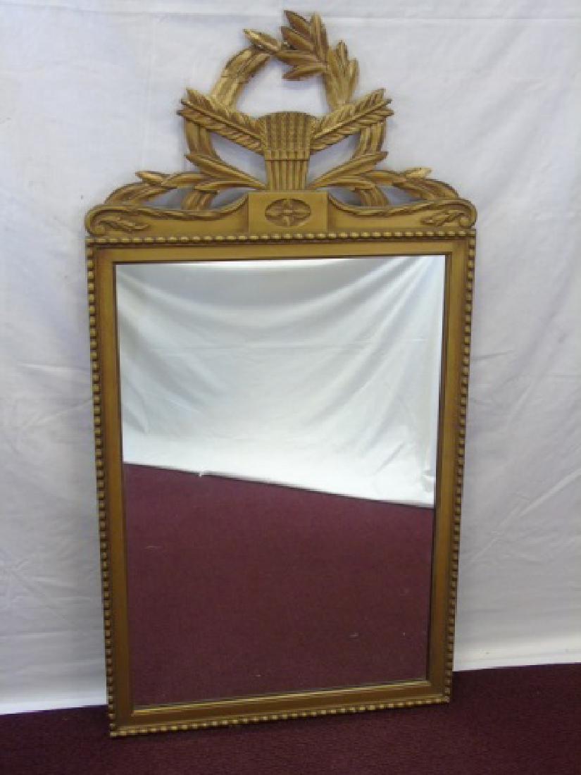 Vintage Gold Painted Carved Wood Mirror w/ Laurel: Vintage gold painted carved wood mirror. Laurel wreath and feather and quill detail. Bead detail around mirror frame. 48" H x 25" W.