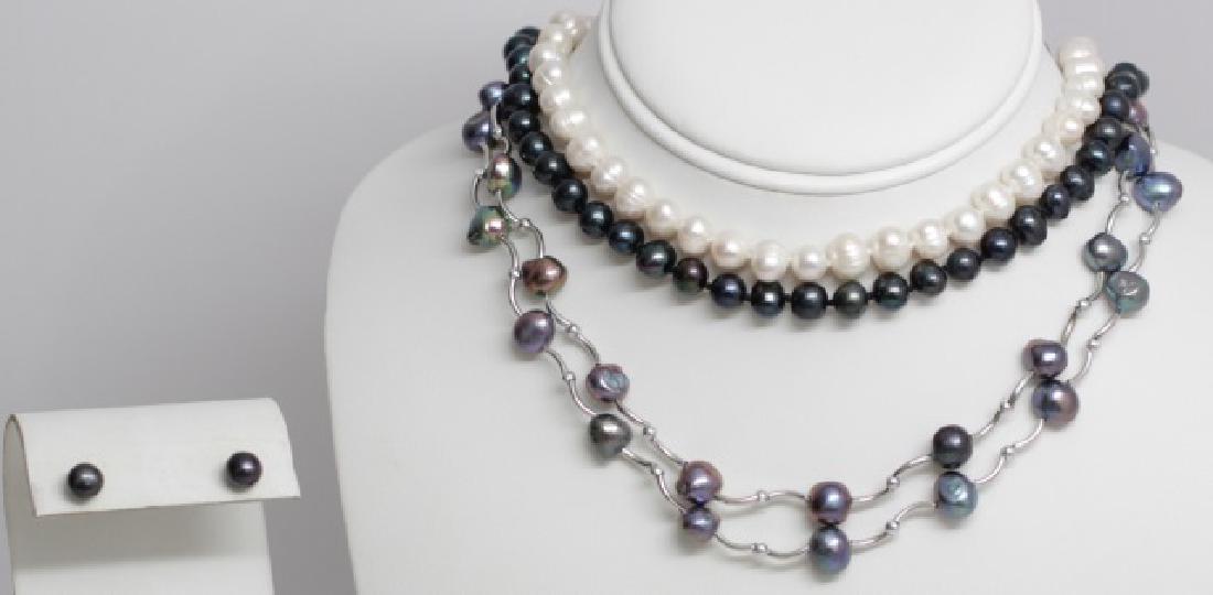Three Baroque Pearl Necklaces & Earrings: Three Baroque Pearl Necklaces & Pair of Earrings. Pair of silver tone bead and Tahitian style pearl necklaces, one two strand in white and black, one pair of earrings. Each necklace approximately 15-1