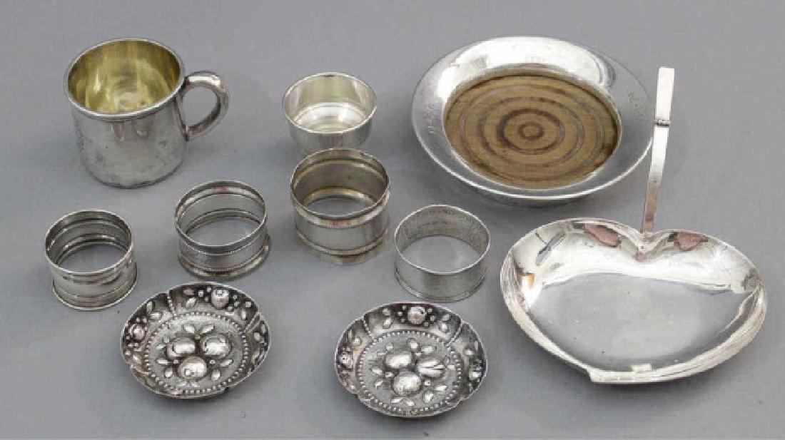 Group of Dainty Sterling Silver w Gorham & Cartier: Group of Dainty Sterling Silver Items including a Cartier Sterling Silver and Teak Wine Bottle Coaster, a 19th Century Sterling Gorham Baby Cup, Sterling Wallace Kiddush Thimble -type cup, 4 antique a