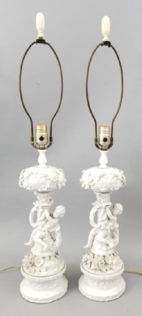Pair of White Porcelain Ornate Cherub Lamps (1 of 8)