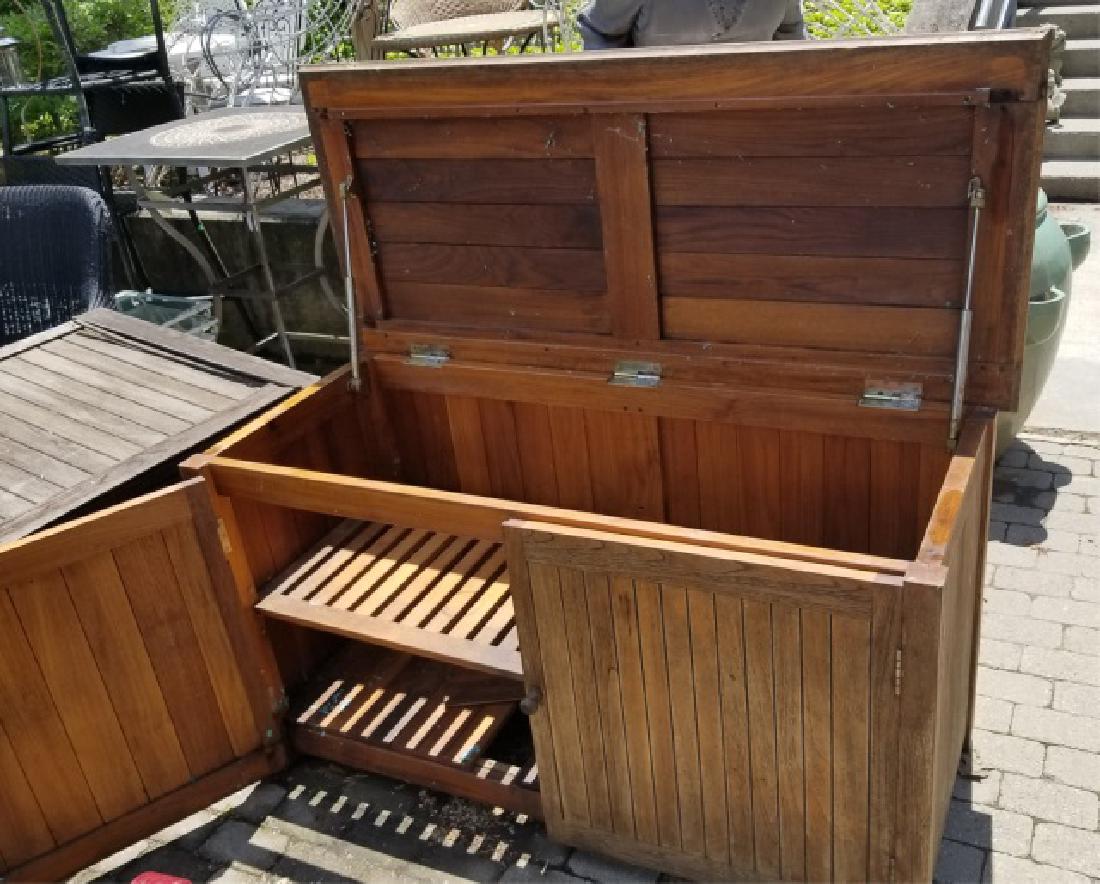 Teak Garden Pool Patio Storage Box for Cushions: Teak Garden Pool Patio Storage Box for Cushions and Pool Toys, in the Smith & Hawken style. Having a flat, hinged top and two shelves. Box measures 30 x 56 x 25 inches.