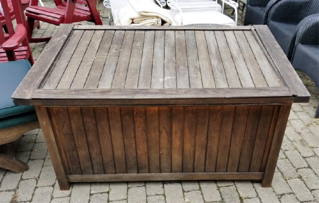 Teak Garden Pool Patio Storage Box for Cushions: Teak Garden Pool Patio Storage Box for Cushions and Pool Toys, in the Smith & Hawken style. Having an angled, hinged top and no shelves. Box measures 29 x 52 x 31 inches.