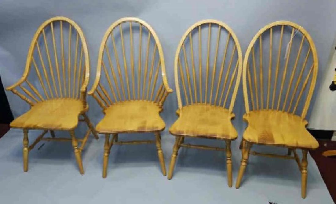 4 Turned Birdseye Bentwood Maple Windsor Chairs: 4 Turned Leg Birdseye Bentwood Maple Windsor Chairs. All measure 42 inches to the top of the neck.