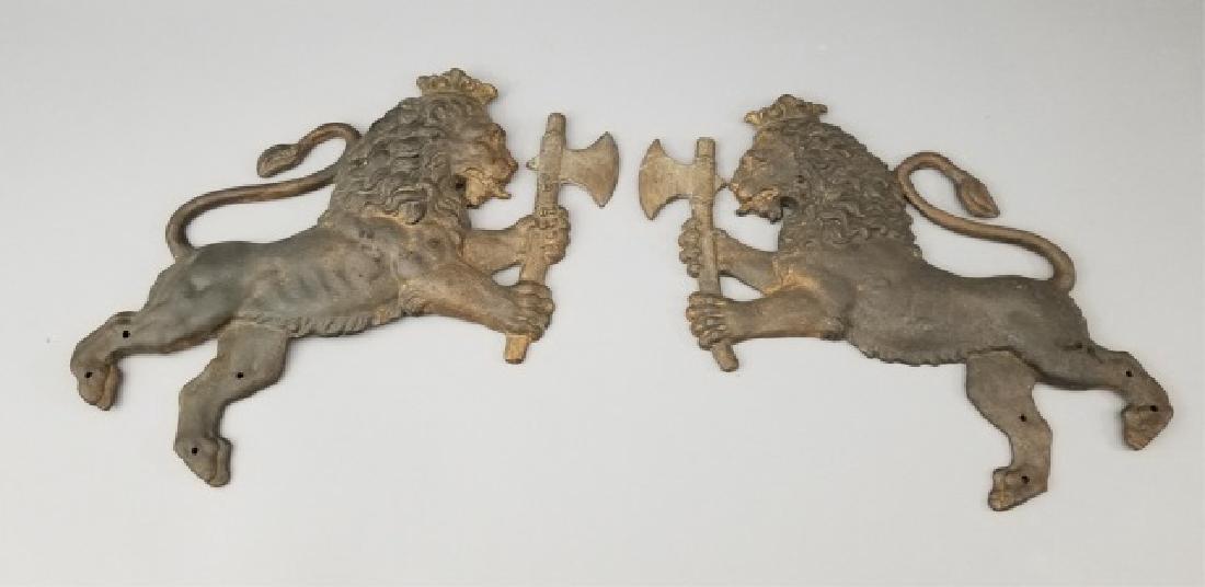 Pair Cast Iron Rearing Lion Plaques w Crowns & Axe (1 of 8)