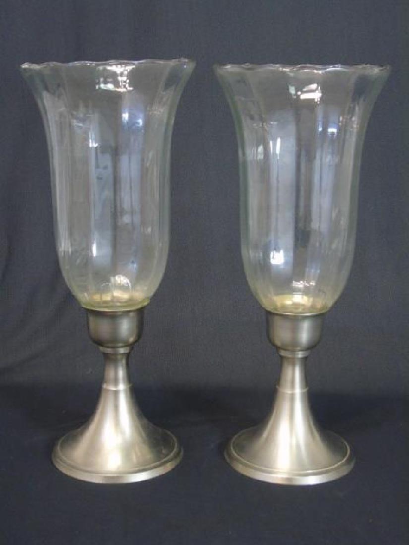 Pair Silver Tone Candlesticks w Hurricane Glass (1 of 4)