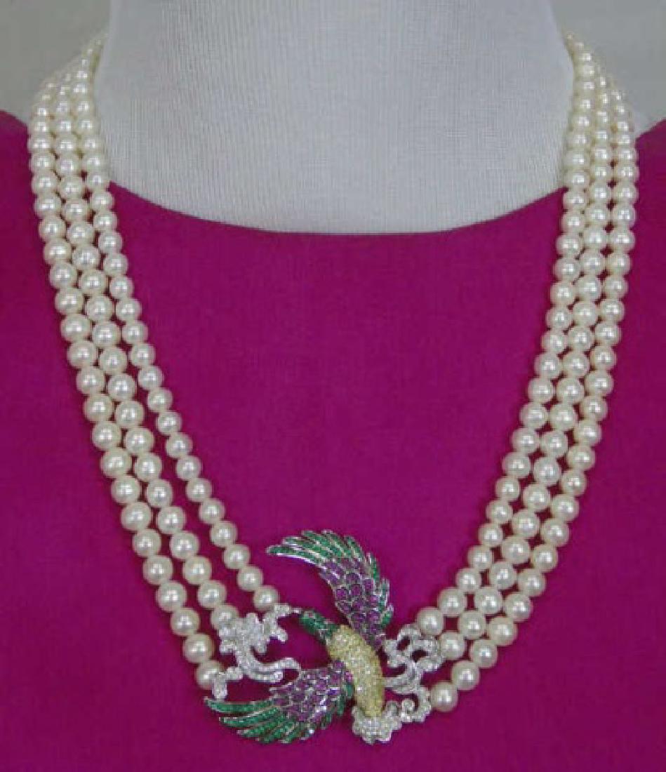 Triple Strand Cultured Pearl Necklace w Bird Clasp (1 of 5)