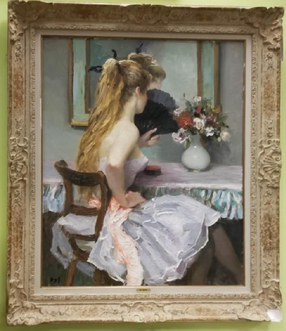 Marcel Dyf 1899-1985 Signed Oil Painting on Canvas: Marcel Dyf 1899-1985 Signed Oil Painting on Canvas. Portrait painting of a lady at her vanity painted in the French Impressionist style the artist is well known for and including a floral still life v
