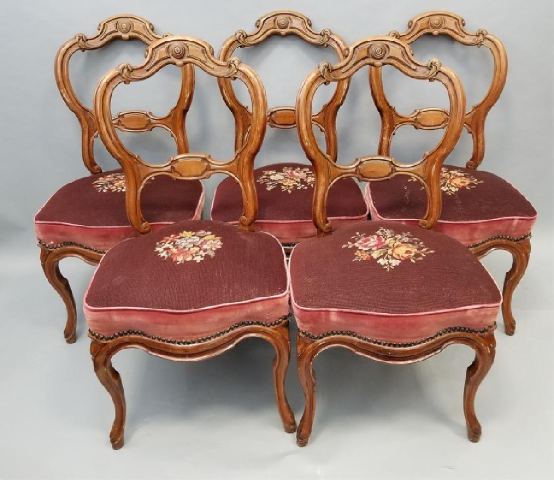 5 Victorian Carved Wood & Needlepoint Chairs: 5 Victorian Carved Wood Chairs, having needlepoint cushions and nailhead detail. Measures 37 x 18.5 x 17.5 inches.