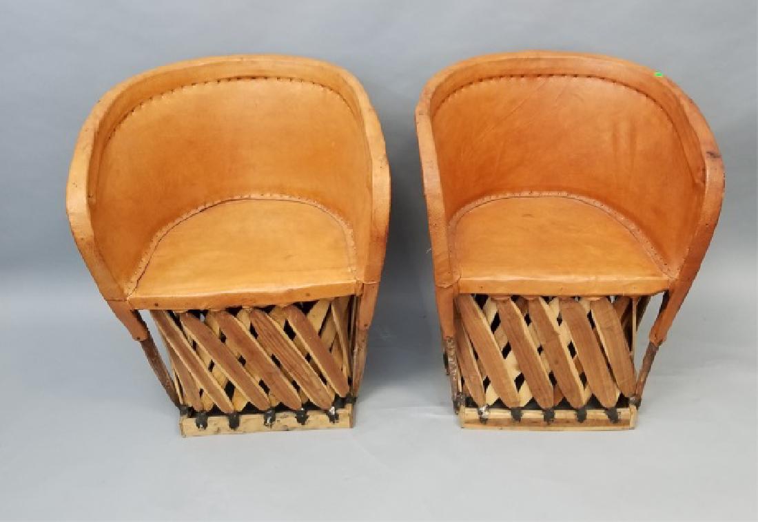 Pair of Handmade Leather & Wood Barrel-Back Chairs (1 of 7)