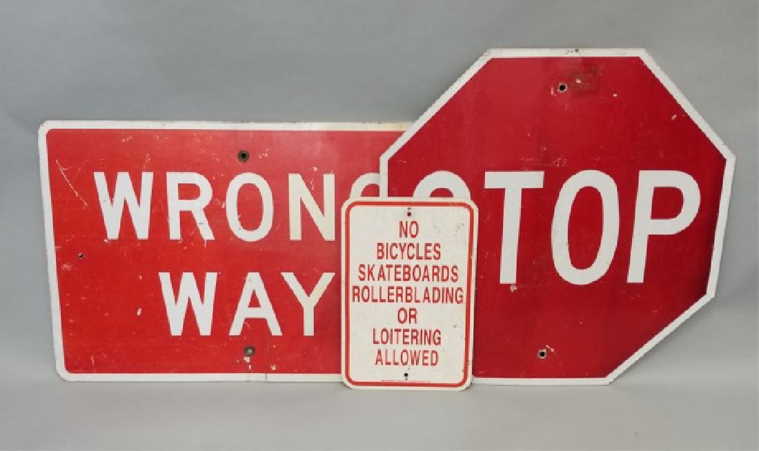 3 Traffic Road Signs: STOP Wrong Way No Loitering (1 of 8)