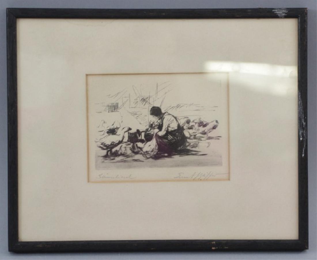 Antique Signed Continental Engraving Lady w Geese (1 of 5)