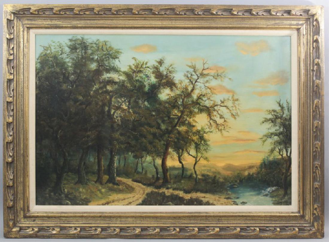Framed Oil on Canvas, Landscape with a Blue Sky: Framed Oil Painting on canvas of Landscape scene with a sunset blue sky, having a textured gold frame with linen matting. Measures 32 x 44 inches.